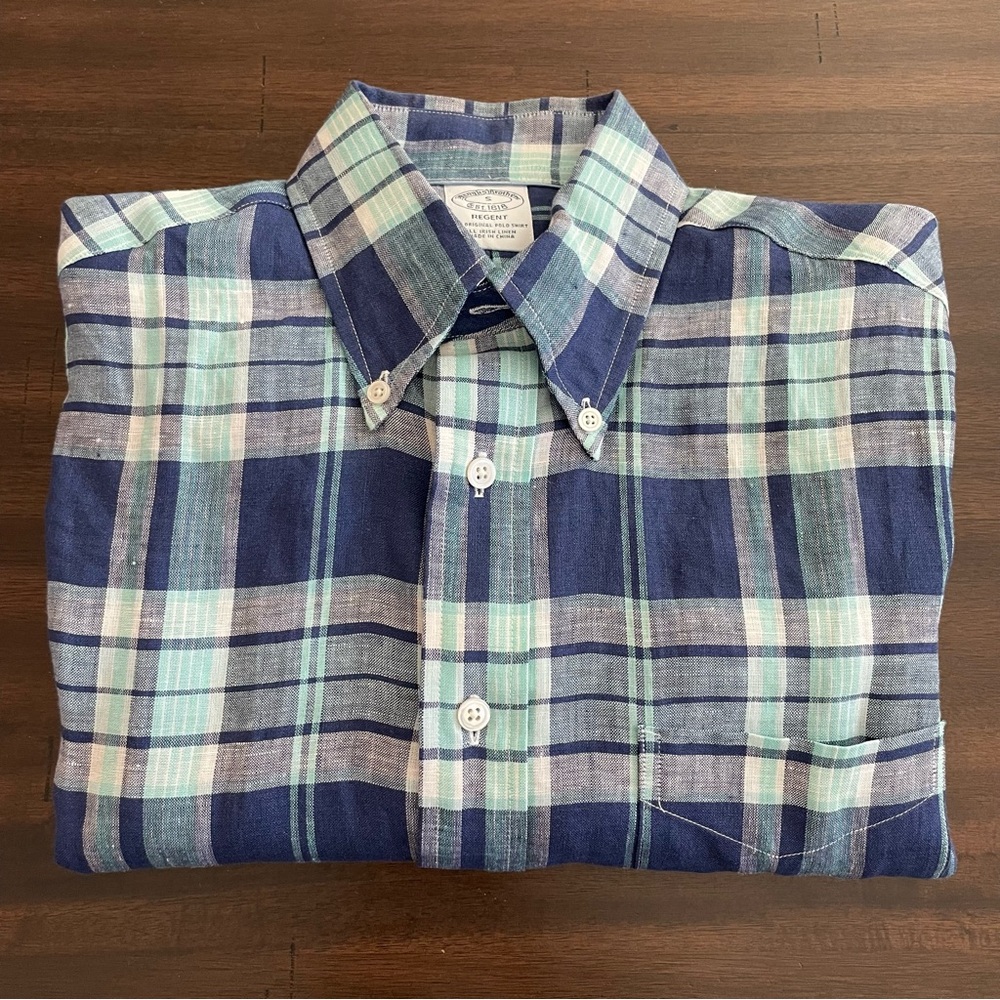 Brooks Brothers Blue Plaid Linen Button Down Sport Shirt